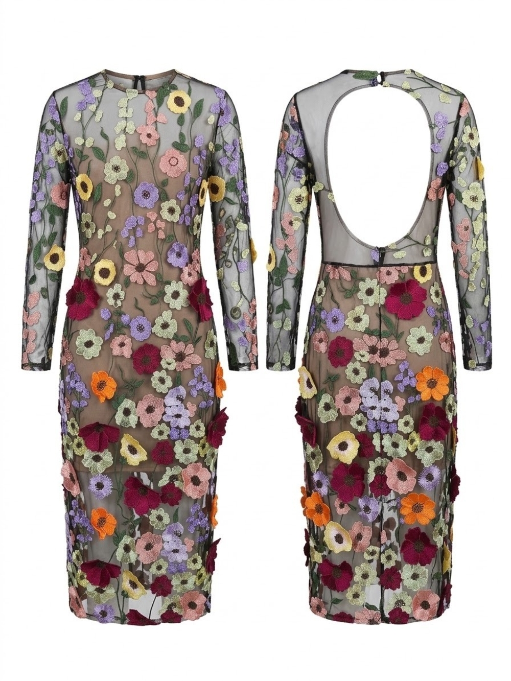 MEW MEWS Gentry Flower Embroidered Mesh Maxi Dress